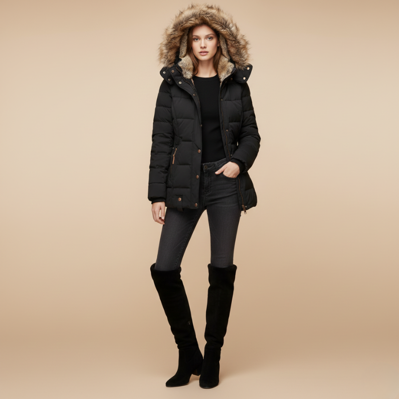 Woman wearing a black puffer jacket with fur hood on a beige background