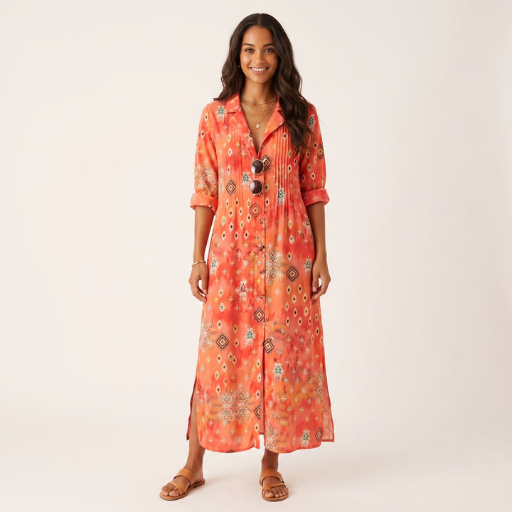 Women Elegant Printed Midi Dress Button Down