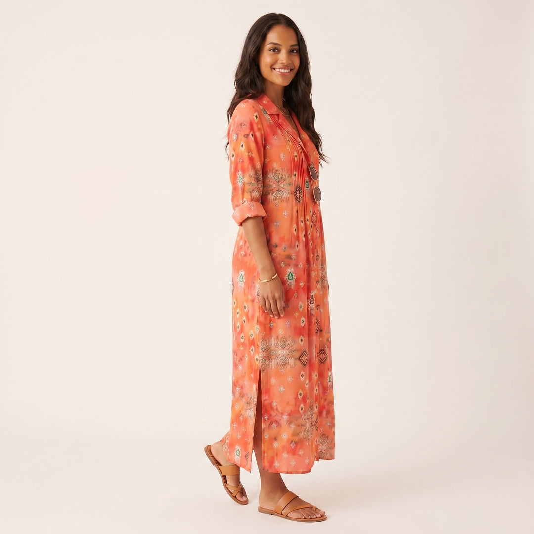 Women Elegant Printed Midi Dress Button Down