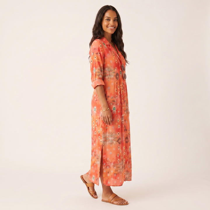 Women Elegant Printed Midi Dress Button Down
