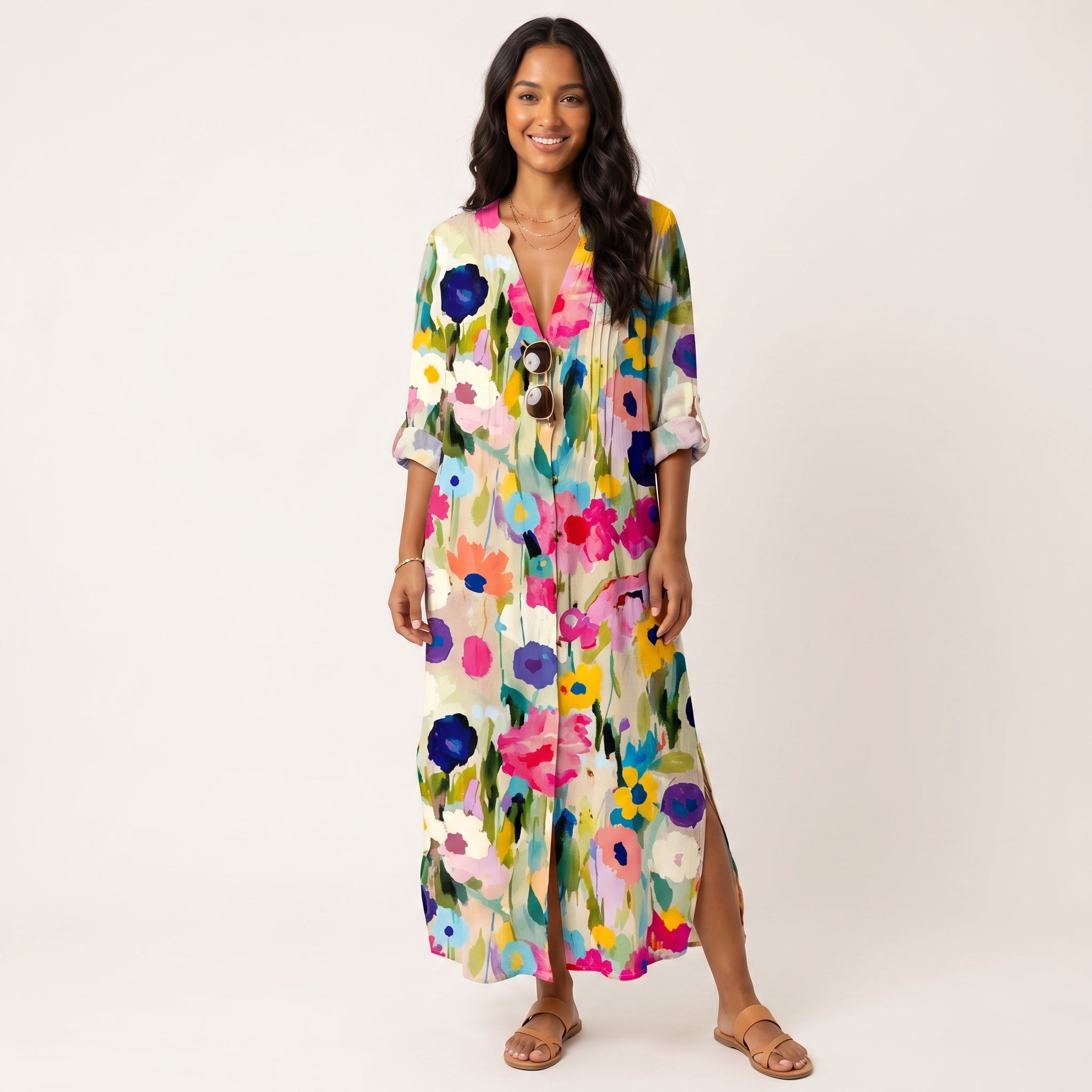 Women’s Printed Button-Down Relaxed Midi Dress