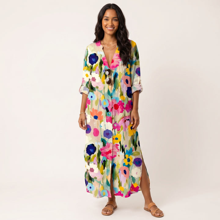 Women Elegant Printed Midi Dress Button Down