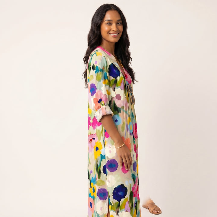 Women Elegant Printed Midi Dress Button Down