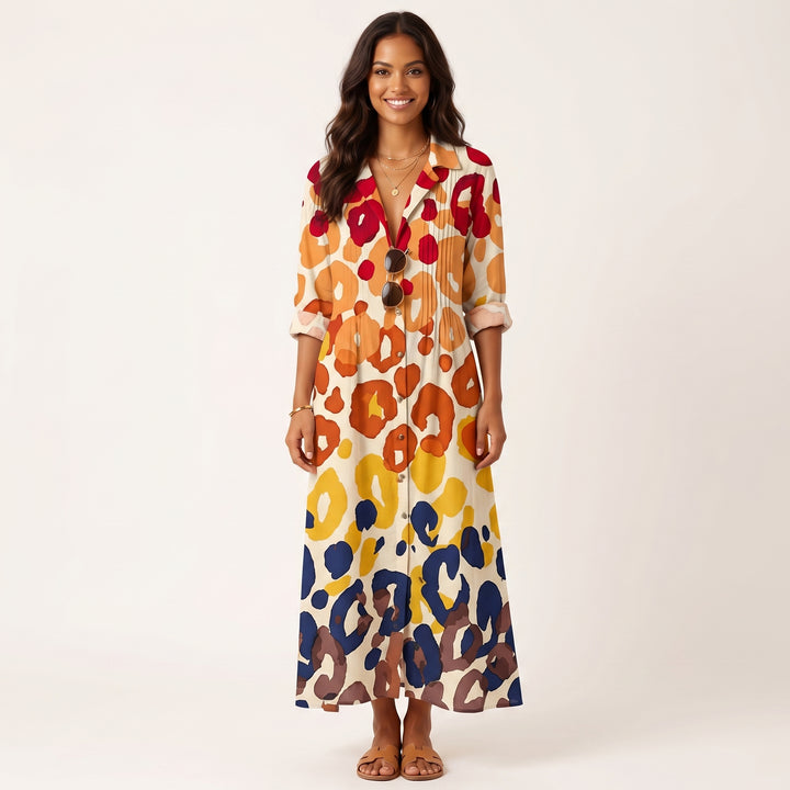 Women Elegant Printed Midi Dress Button Down