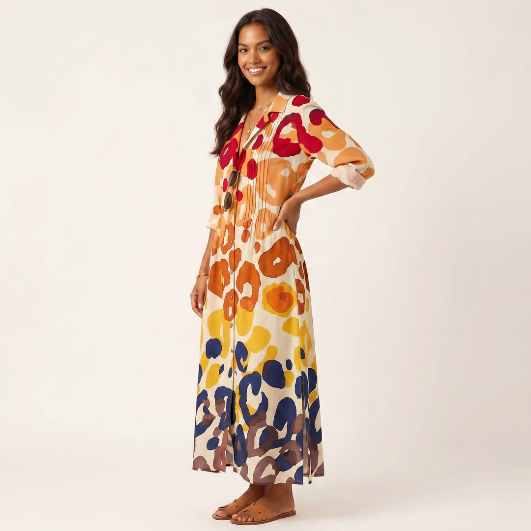 Women Elegant Printed Midi Dress Button Down