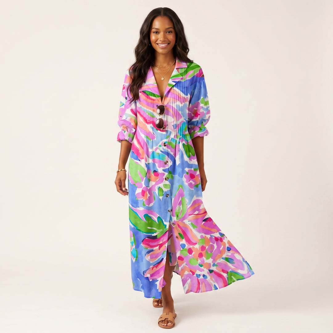 Women Elegant Printed Midi Dress Button Down