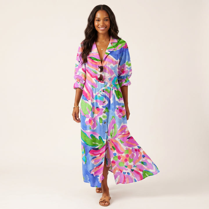 Women Elegant Printed Midi Dress Button Down