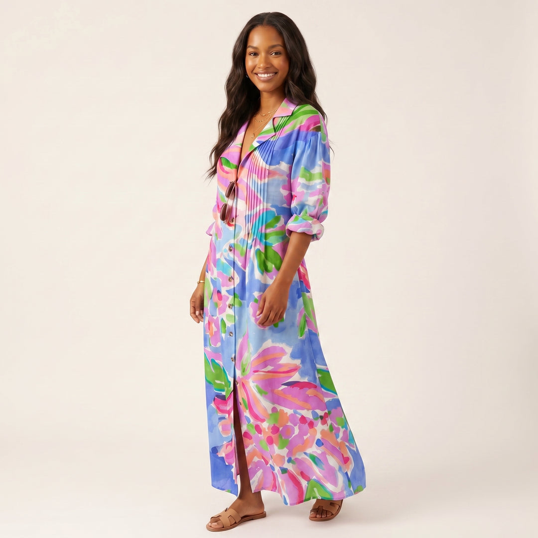 Women Elegant Printed Midi Dress Button Down