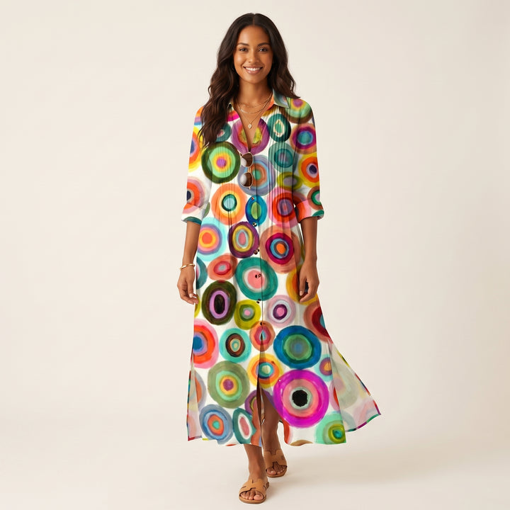 Women Elegant Printed Midi Dress Button Down