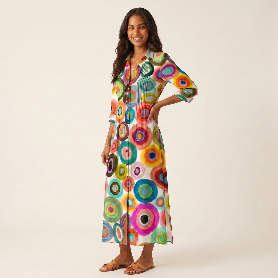 Women Elegant Printed Midi Dress Button Down