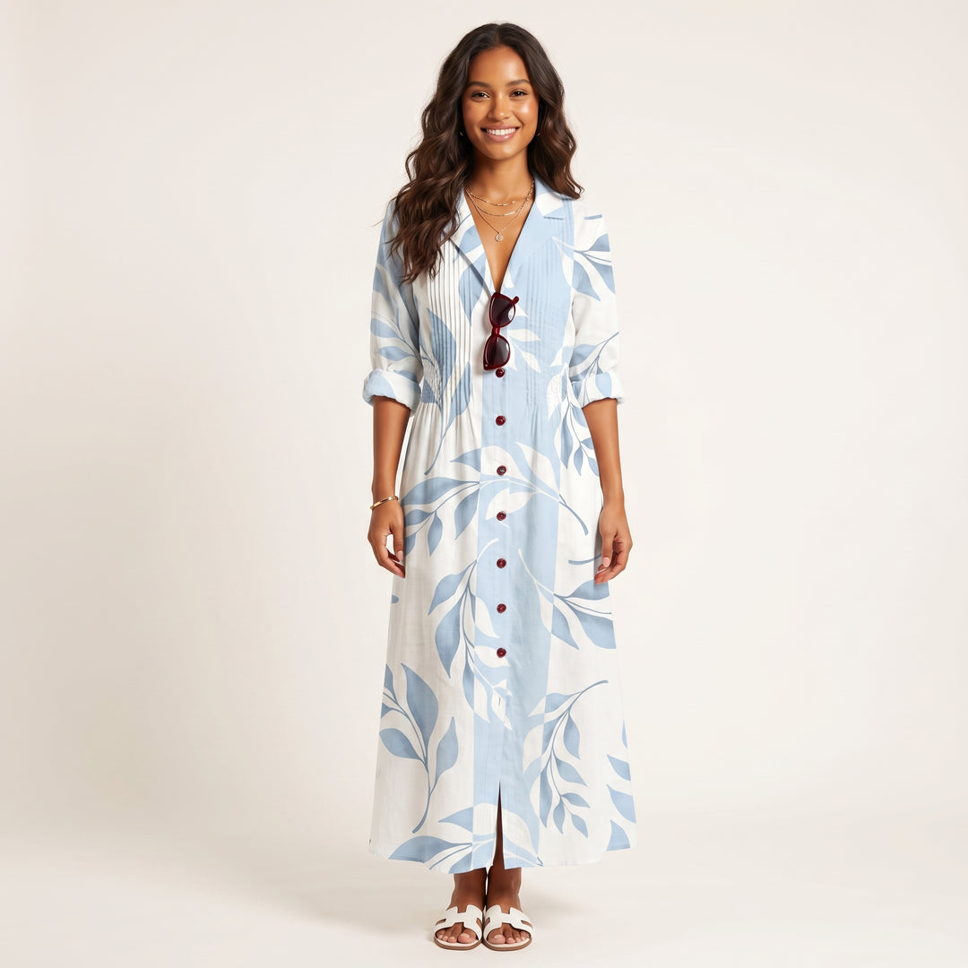 Women Elegant Printed Midi Dress Button Down