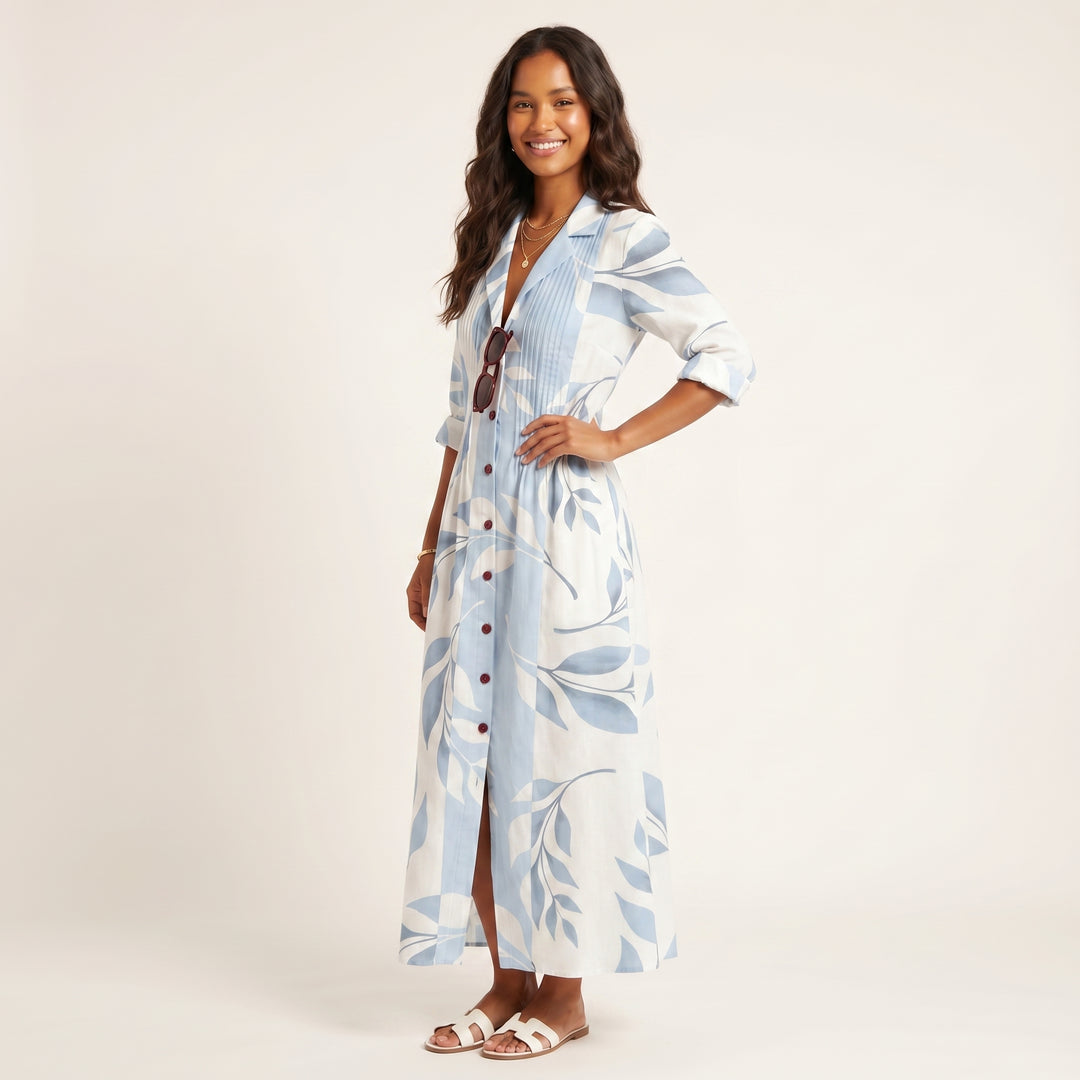 Women Elegant Printed Midi Dress Button Down