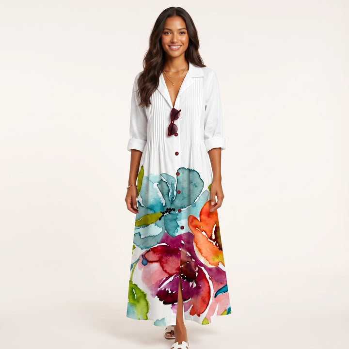 Women Elegant Printed Midi Dress Button Down