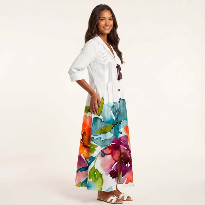 Women Elegant Printed Midi Dress Button Down