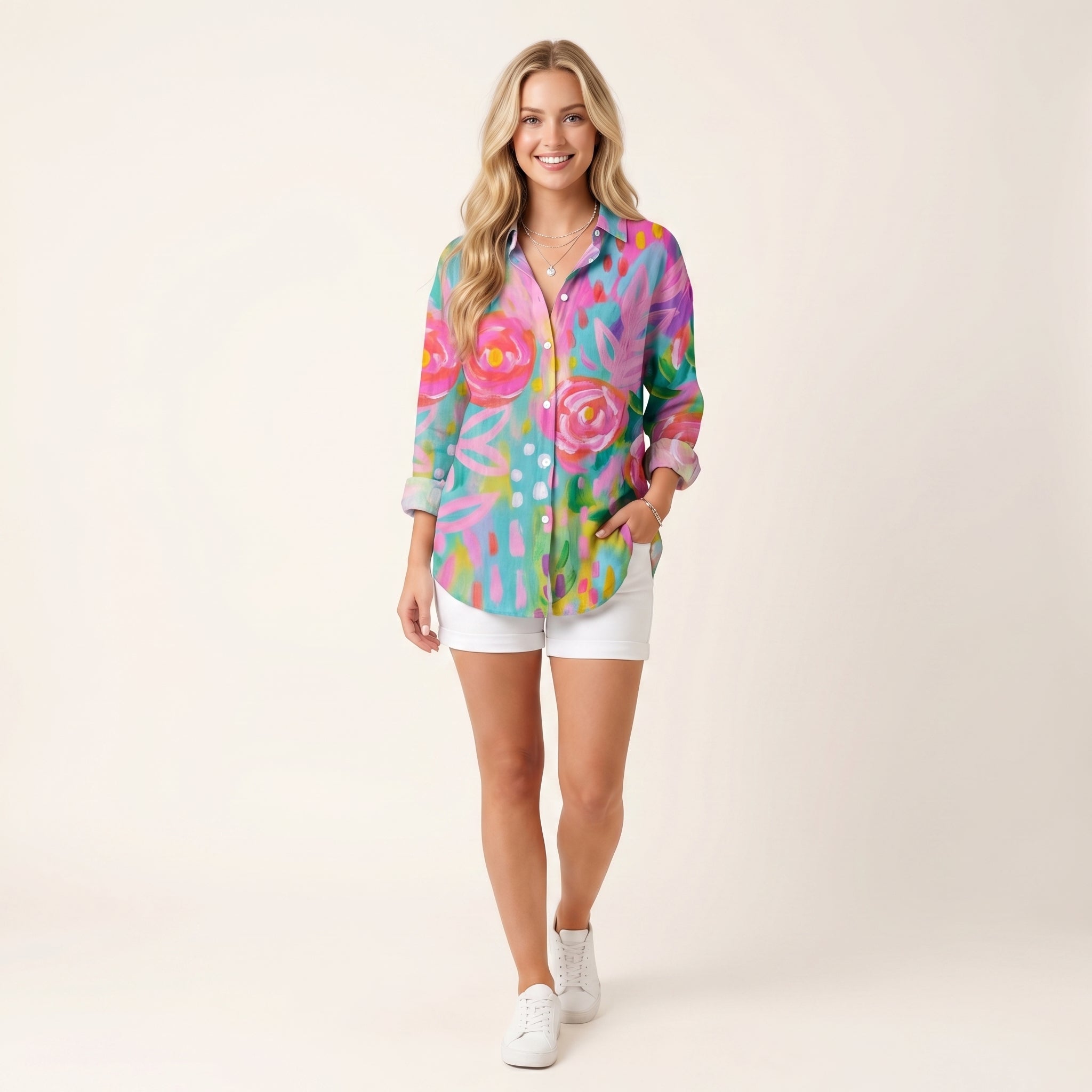 Women’s Colorful Floral Button-Up Blouse