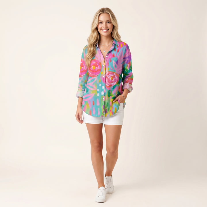 Women Elegant Floral Button Up Blouse Stylish