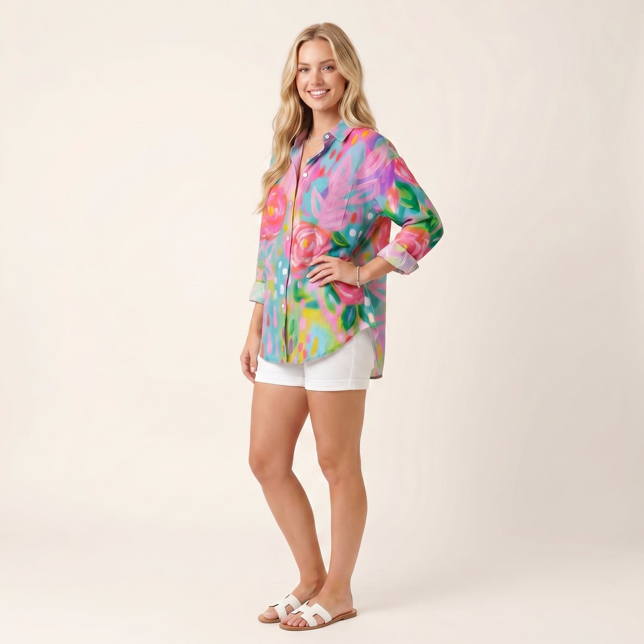 Women’s Colorful Floral Button-Up Blouse