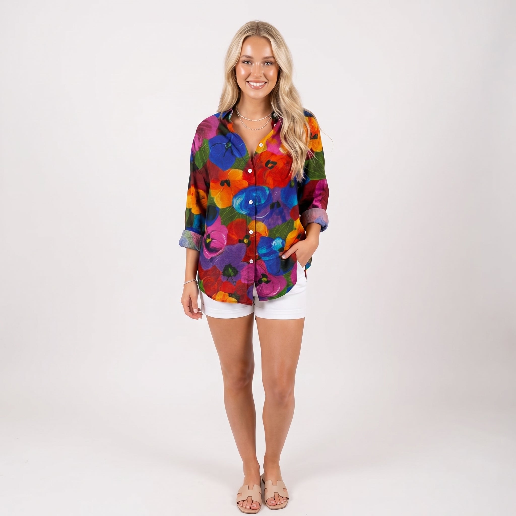 Women’s Colorful Floral Button-Up Blouse