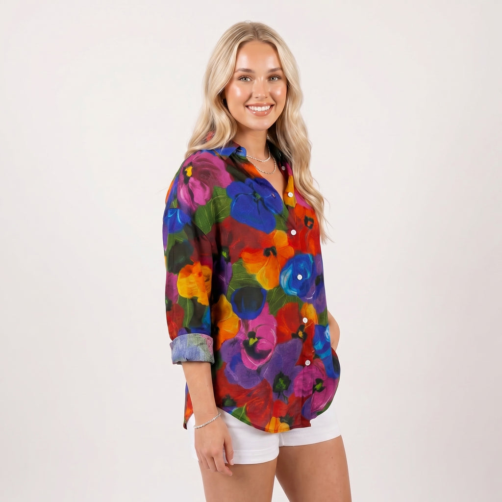 Women’s Colorful Floral Button-Up Blouse