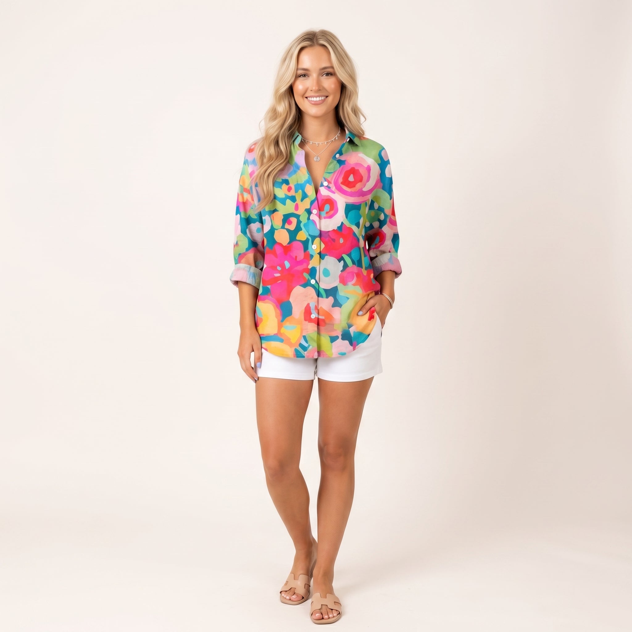 Women’s Colorful Floral Button-Up Blouse