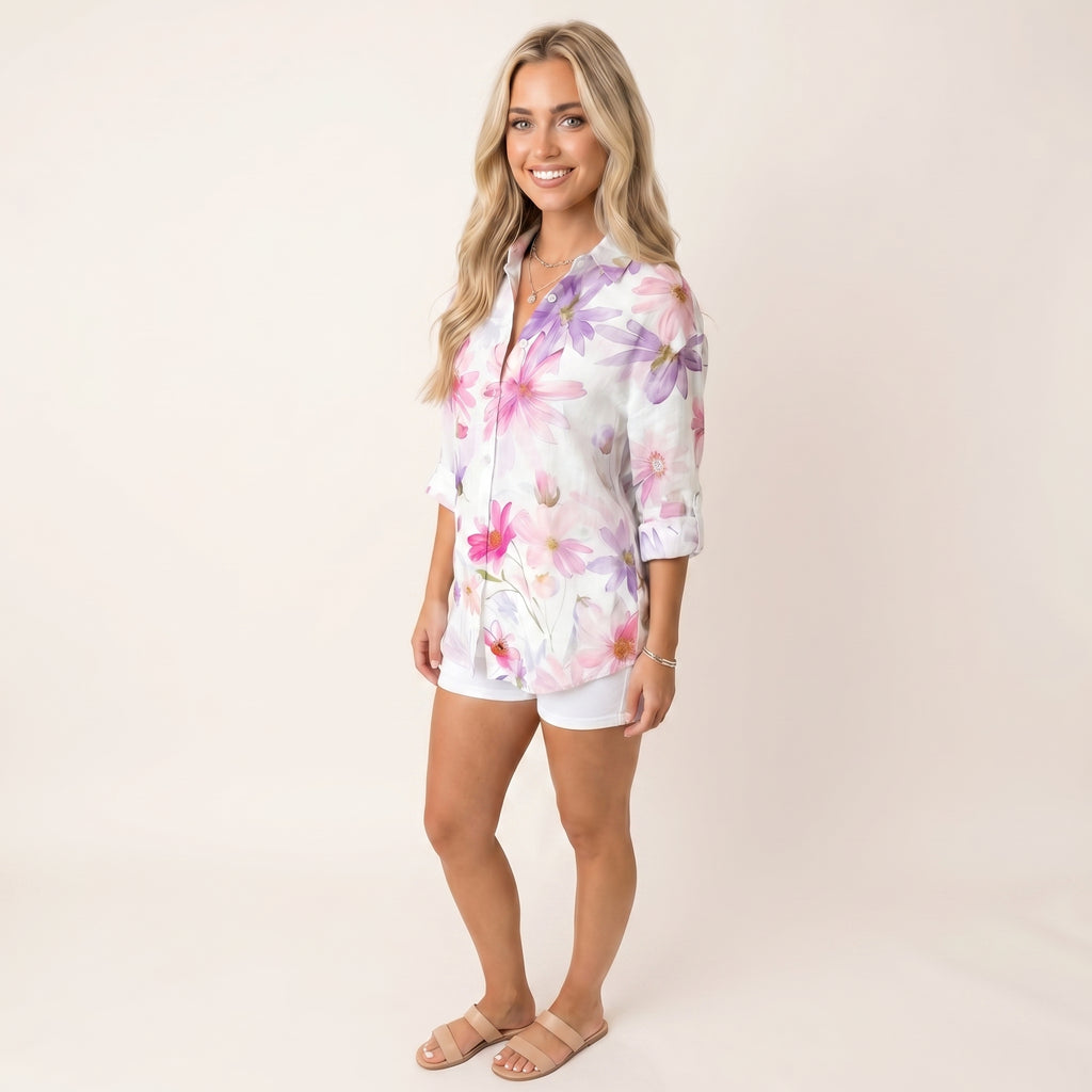 Women’s Colorful Floral Button-Up Blouse