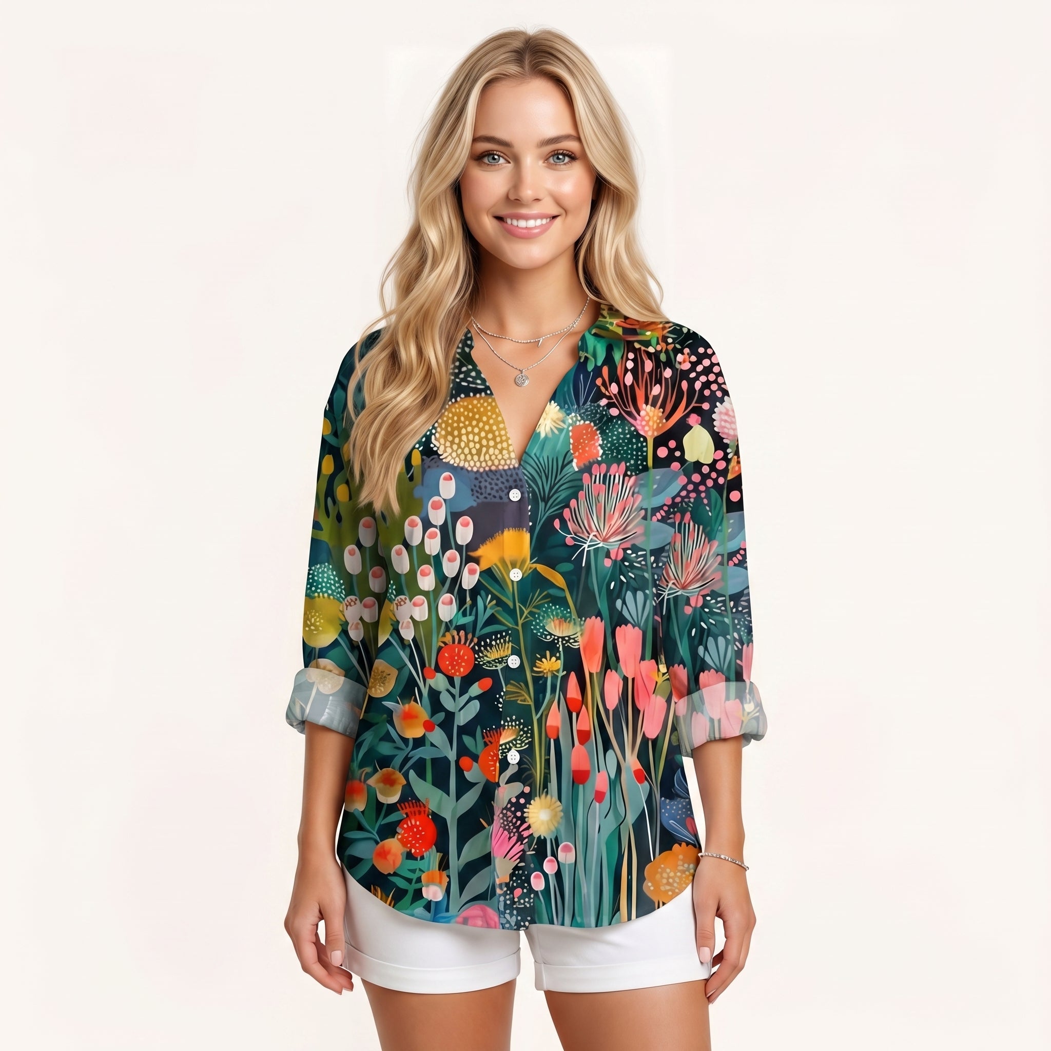 Women’s Colorful Floral Button-Up Blouse