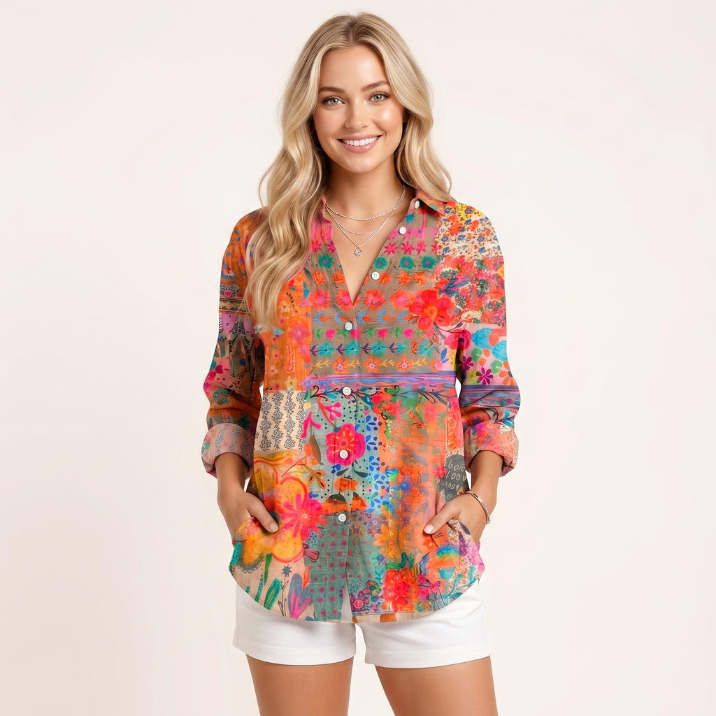 Women’s Colorful Floral Button-Up Blouse