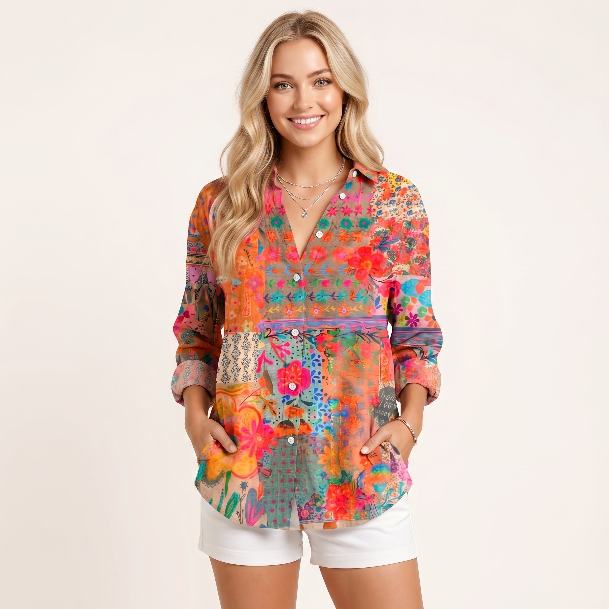 Women’s Colorful Floral Button-Up Blouse