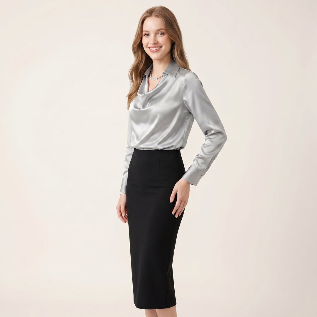 Women Elegant Cowl Neck Blouse Long Sleeve