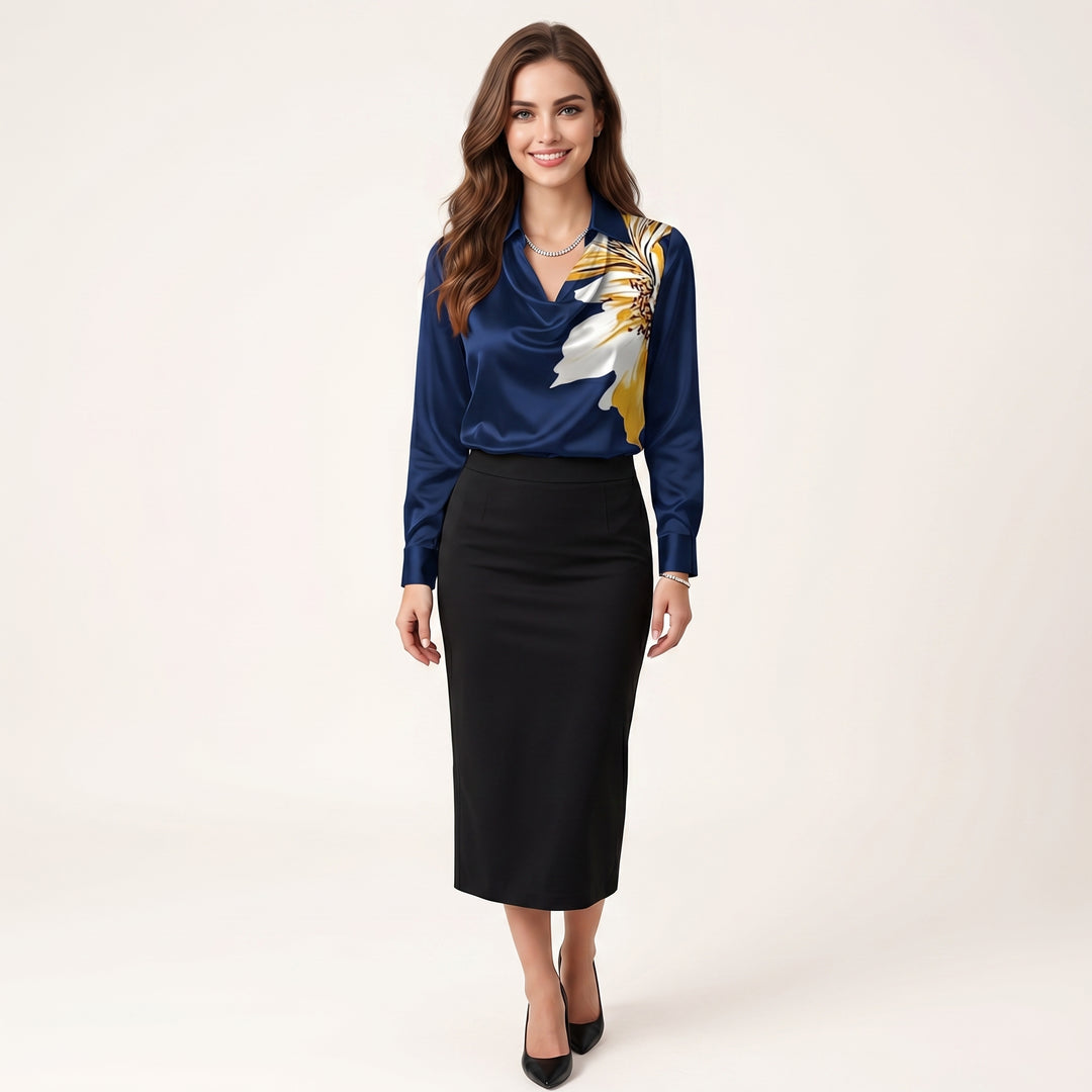 Women Elegant Cowl Neck Blouse Long Sleeve