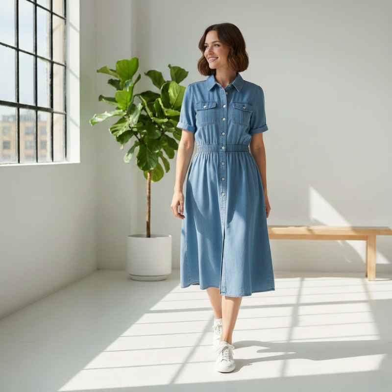 Woman wearing a blue dress standing in a bright room with a plant and bench.