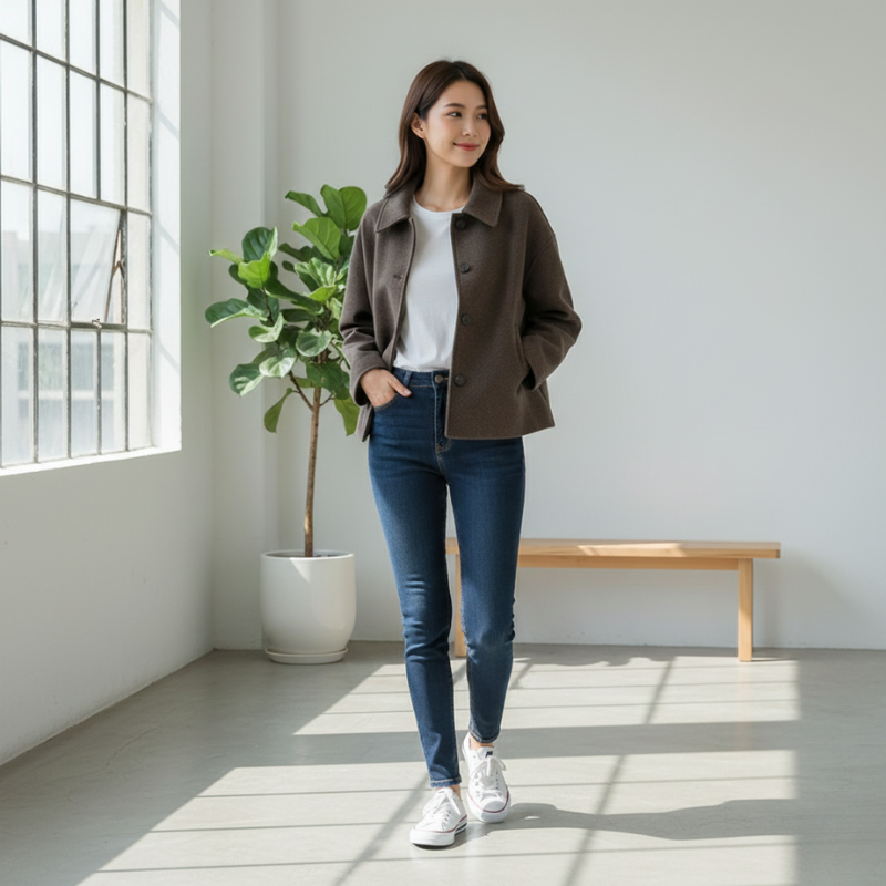 Woman standing in a bright room with a plant and wooden bench
