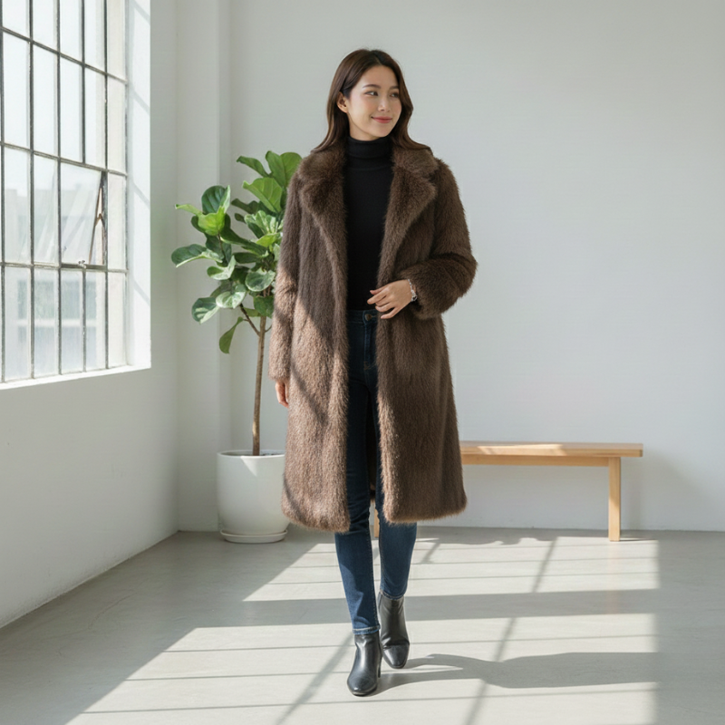 Woman wearing a brown coat in a bright room with a plant and bench.
