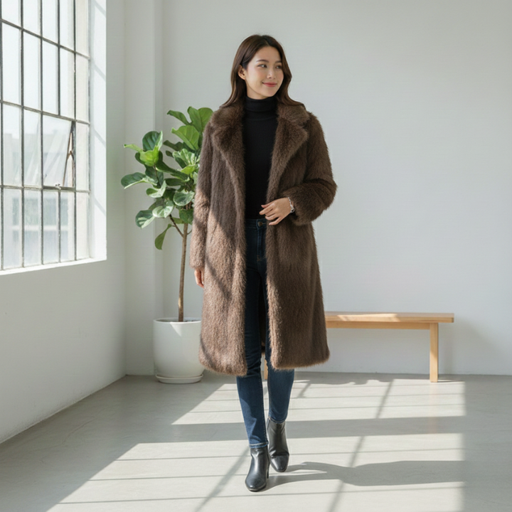 Woman wearing a brown coat in a bright room with a plant and bench.