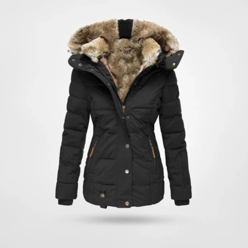 Black winter jacket with fur-lined hood on a white background