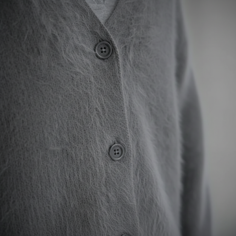 Close-up of a gray knit cardigan showing button stitching, soft textured fabric, and ribbed detailing.