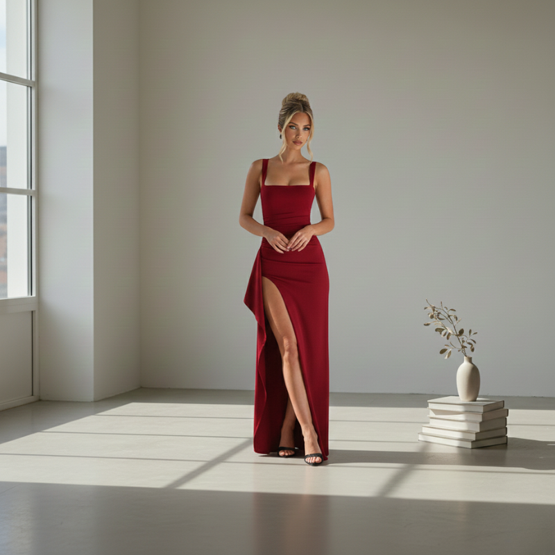 Model wearing a burgundy slit gown standing in a softly lit room for a lifestyle fashion look.