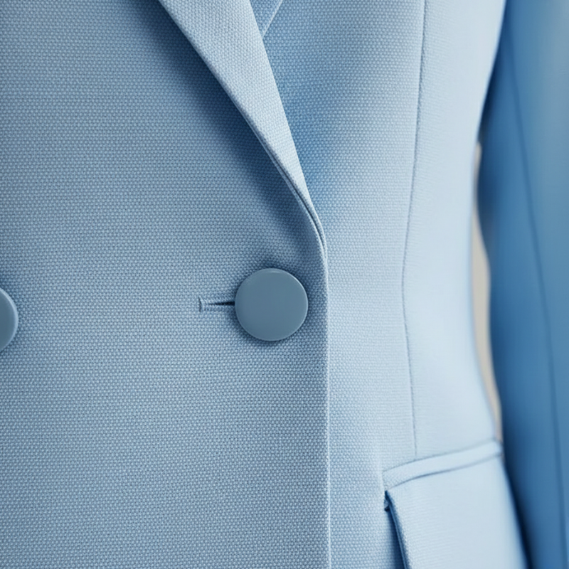 Close-up of a light blue blazer showing the fabric-covered button and smooth, structured material