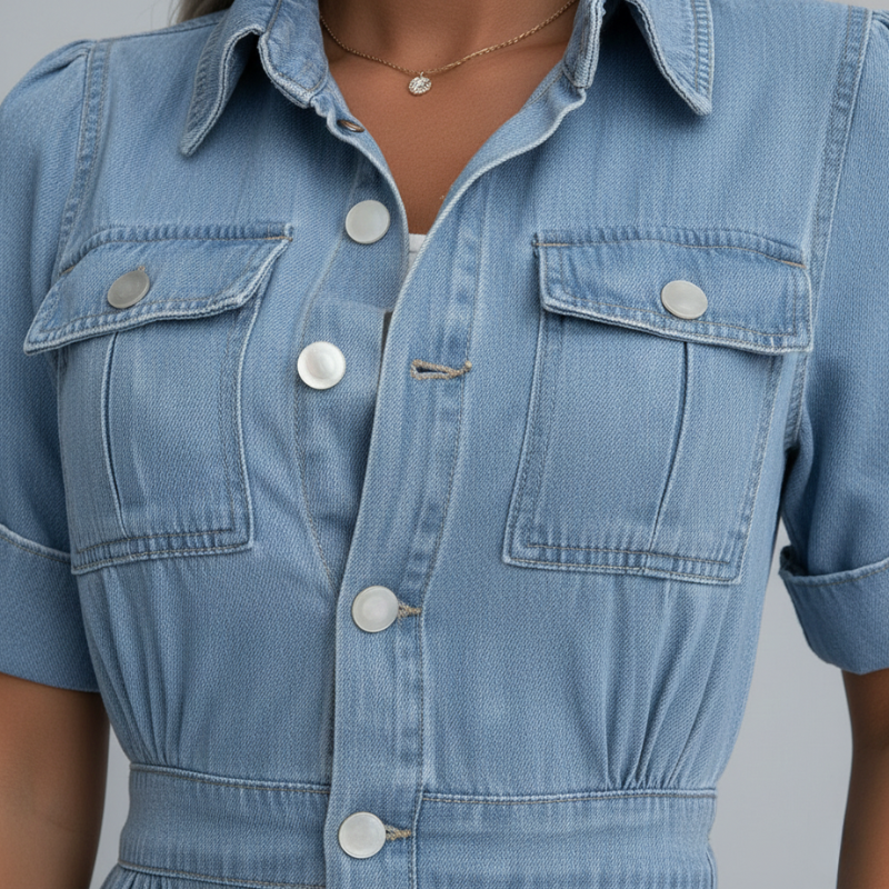 Close-up of a blue denim dress with buttons on a plain background