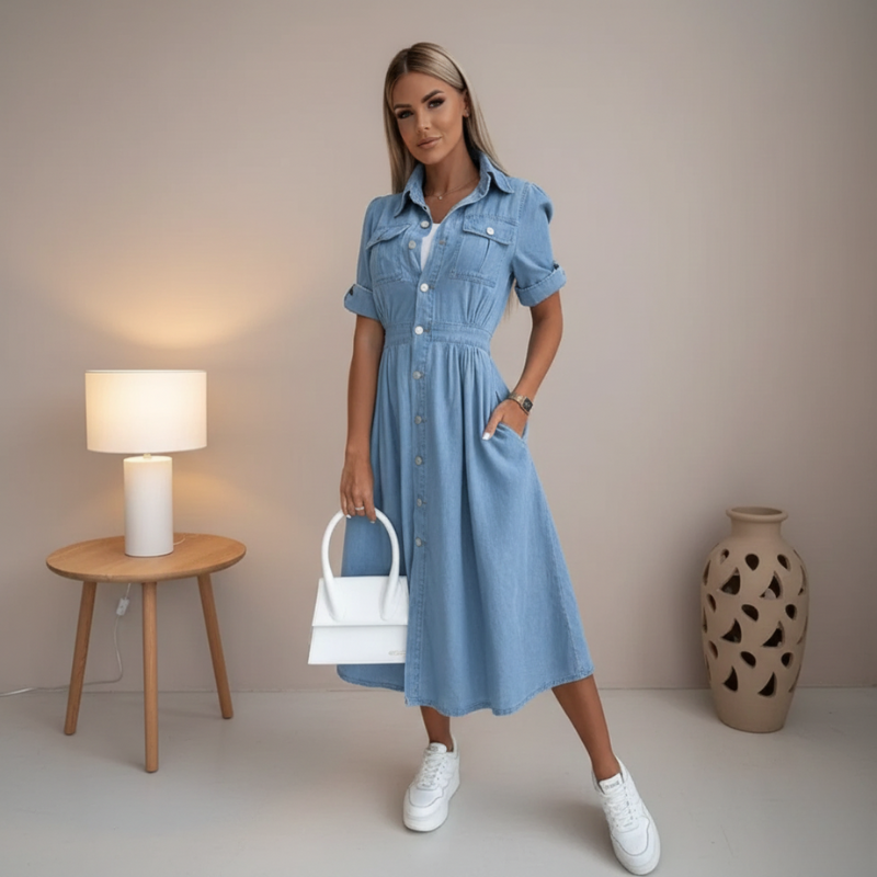 Woman wearing a blue dress holding a white handbag in a minimalistic room.