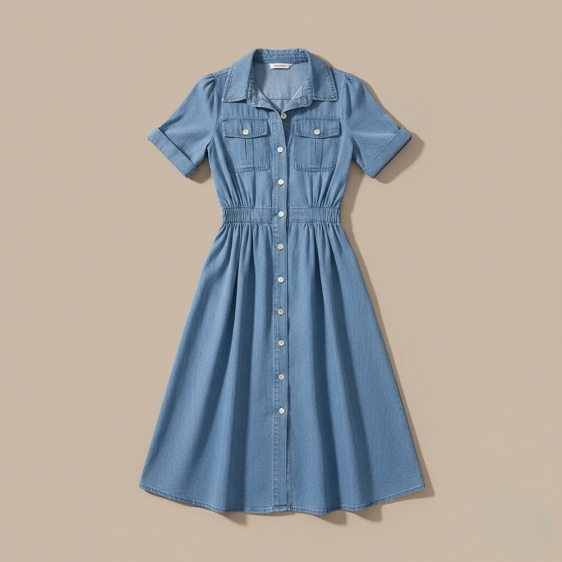 Blue denim dress on a beige background