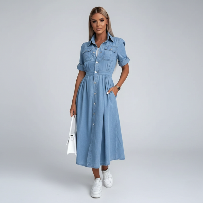 Woman wearing a blue denim dress on a gray background