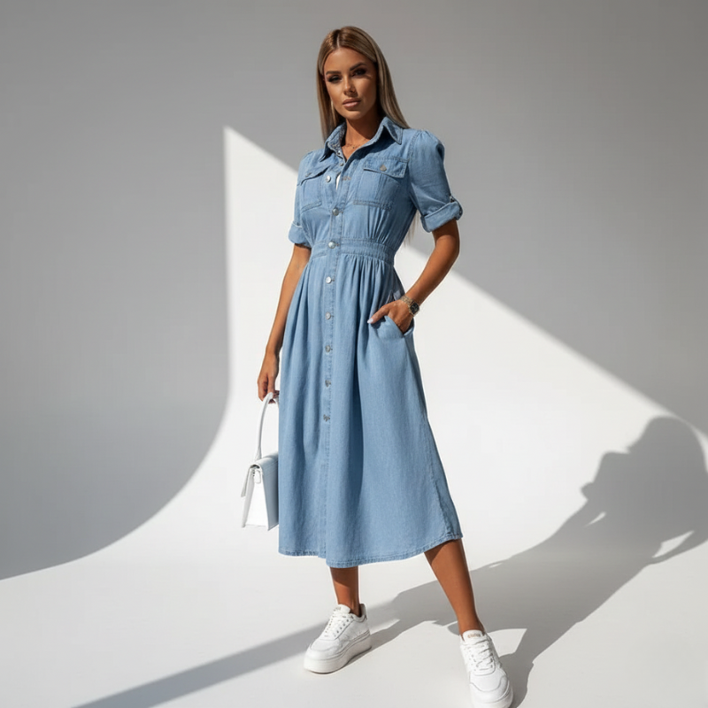 Woman wearing a blue denim dress with white sneakers on a gray background