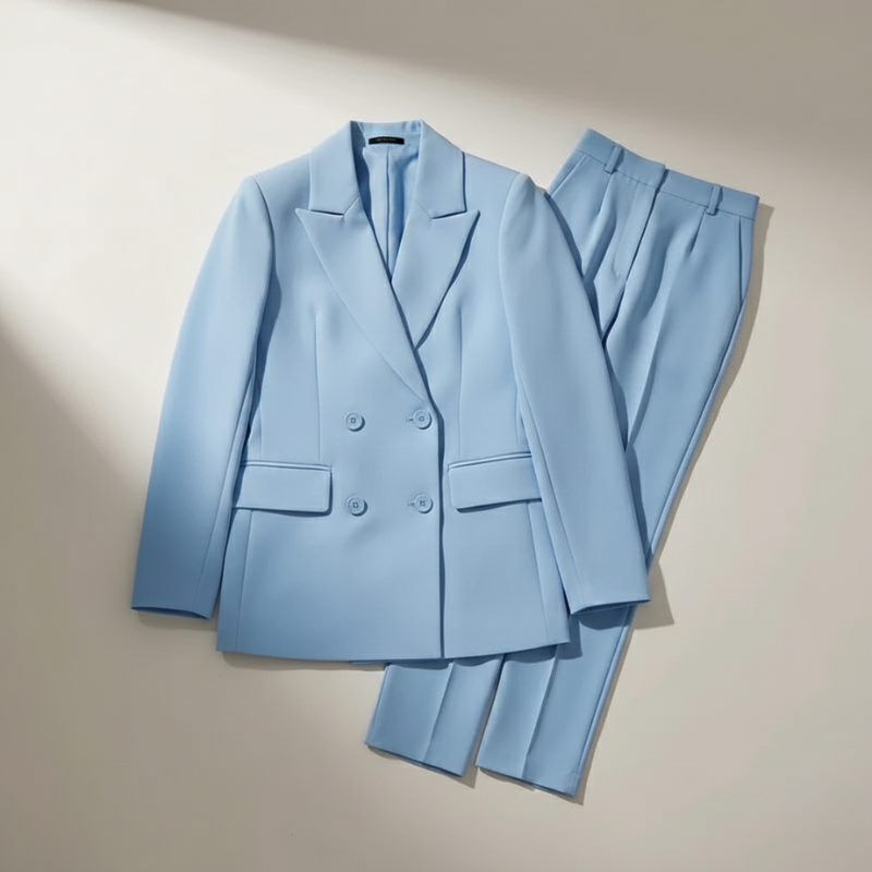 Flatlay of a light blue blazer and trousers arranged neatly on a light background.