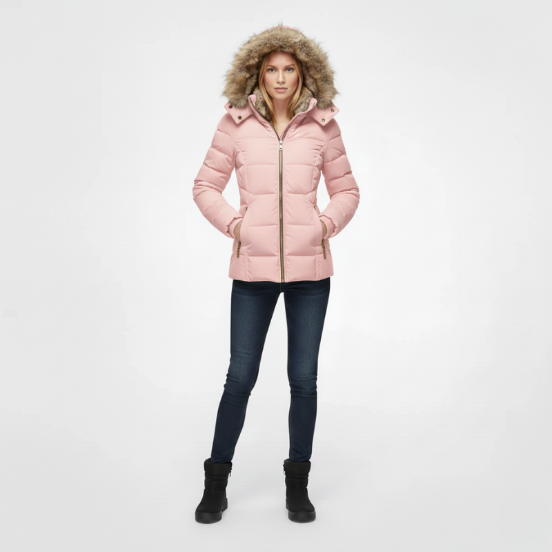 Person wearing a pink puffer jacket with fur hood on a white background