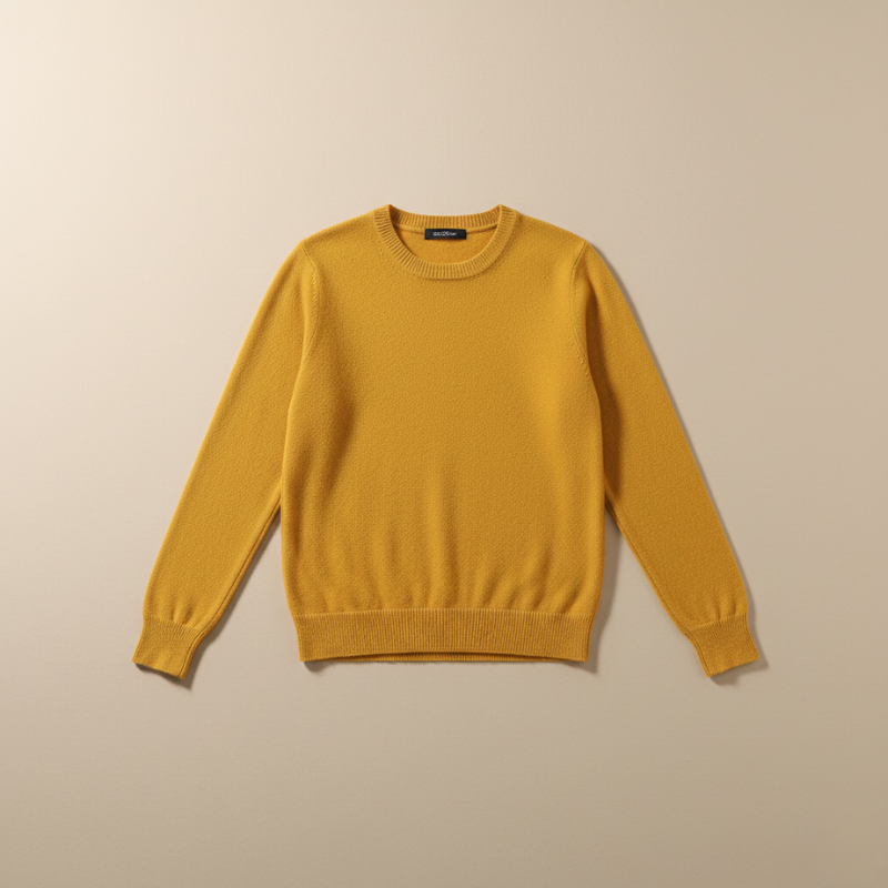 Mustard yellow knit sweater laid flat on a neutral background, showing its full shape and classic design.