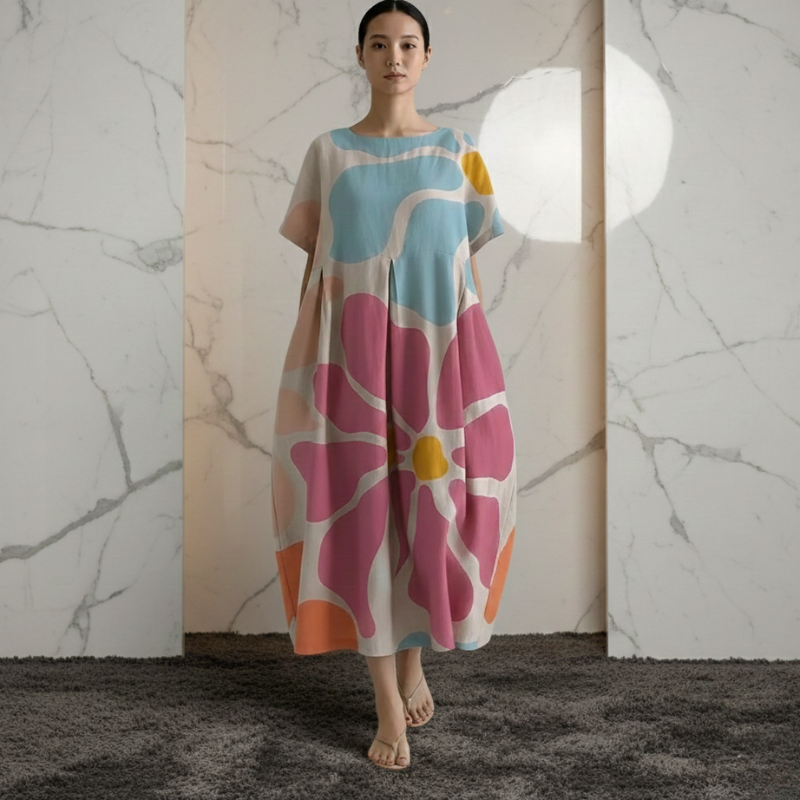 Woman wearing a colorful floral dress standing against a marble wall.