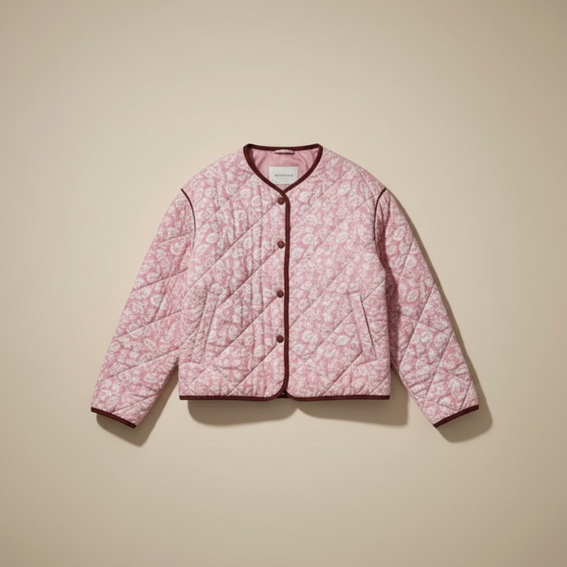 pink floral quilted jacket displayed flat against beige background showing full front design