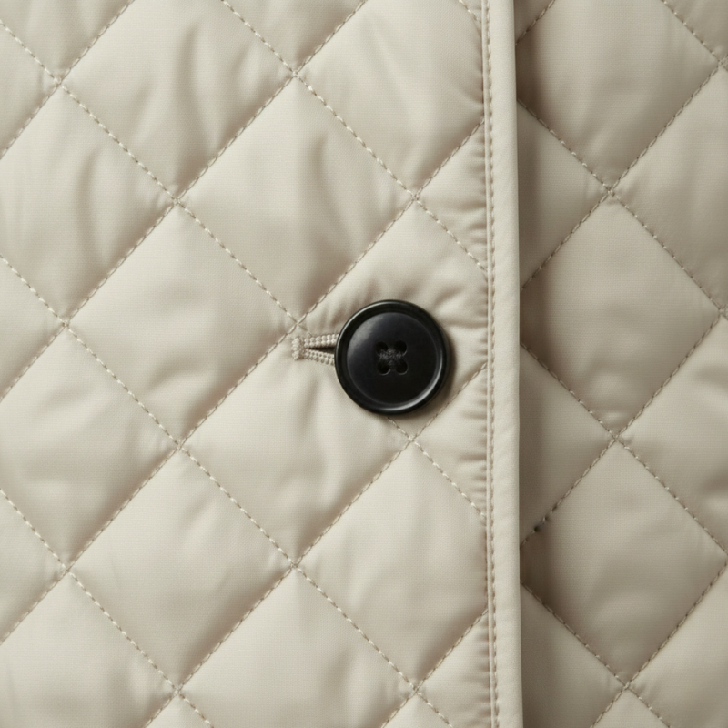 Close-up of quilted jacket fabric showing diamond stitching and front button detail.