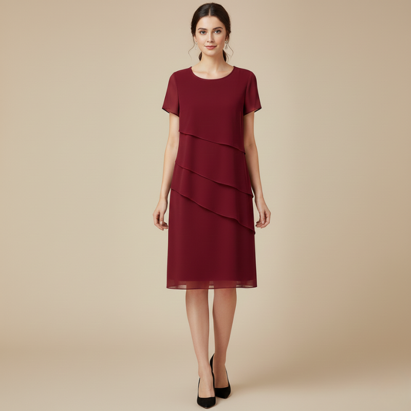 Woman wearing a Red dress with layered skirt on a beige background